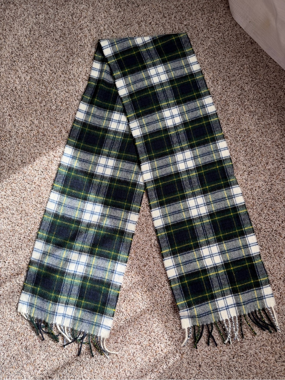 Bronte by Moon Lambswool Plaid Fringe Scarf in Forest Green & White